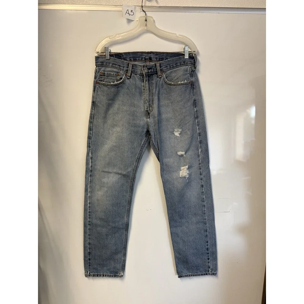 Levis 505 Regular Fit Straight Leg Jeans Light Wash Blue Mens 33x32 Distressed